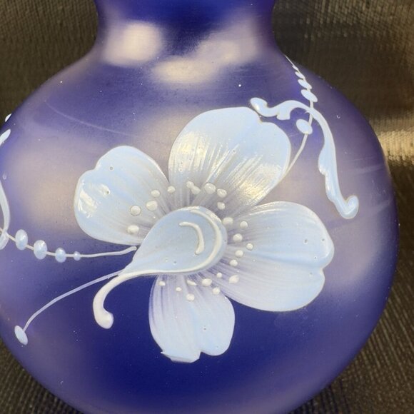 Vintage Bohemian Hand Blown Art Glass Enameled Flower Paint Vase Bowl Blue VTG - Picture 7 of 16